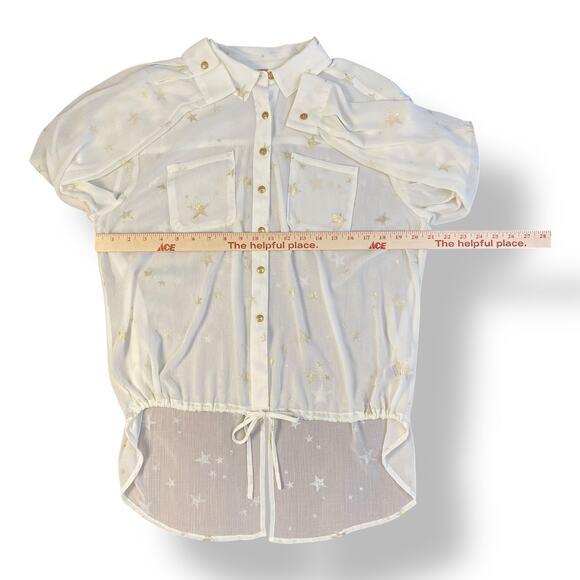Free People White Semi Sheer Gold Stars Button up Top Size Small Boho - Picture 3 of 7